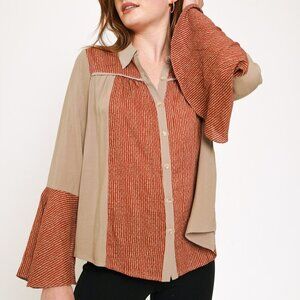 MYSTREE Taupe & Rust Boho Button Down Blouse, Flared Sleeve Casual Chic Top